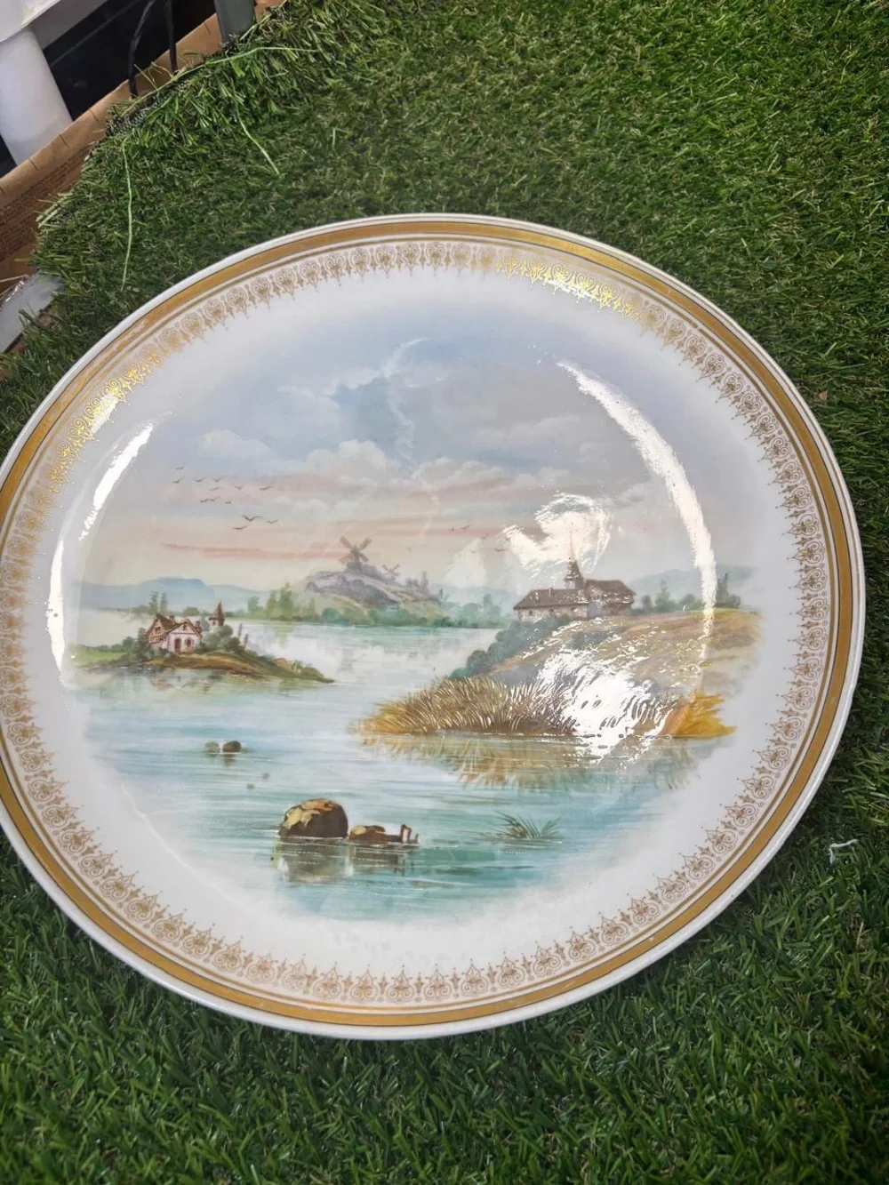 Vintage Crescent China Serving Lot Scenic Platter Floral Bowl Marble Tray 3 Pc